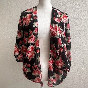 AMBIANCE Women's Short Sleeve Open Front Sheer Black Floral Kimono Size XL